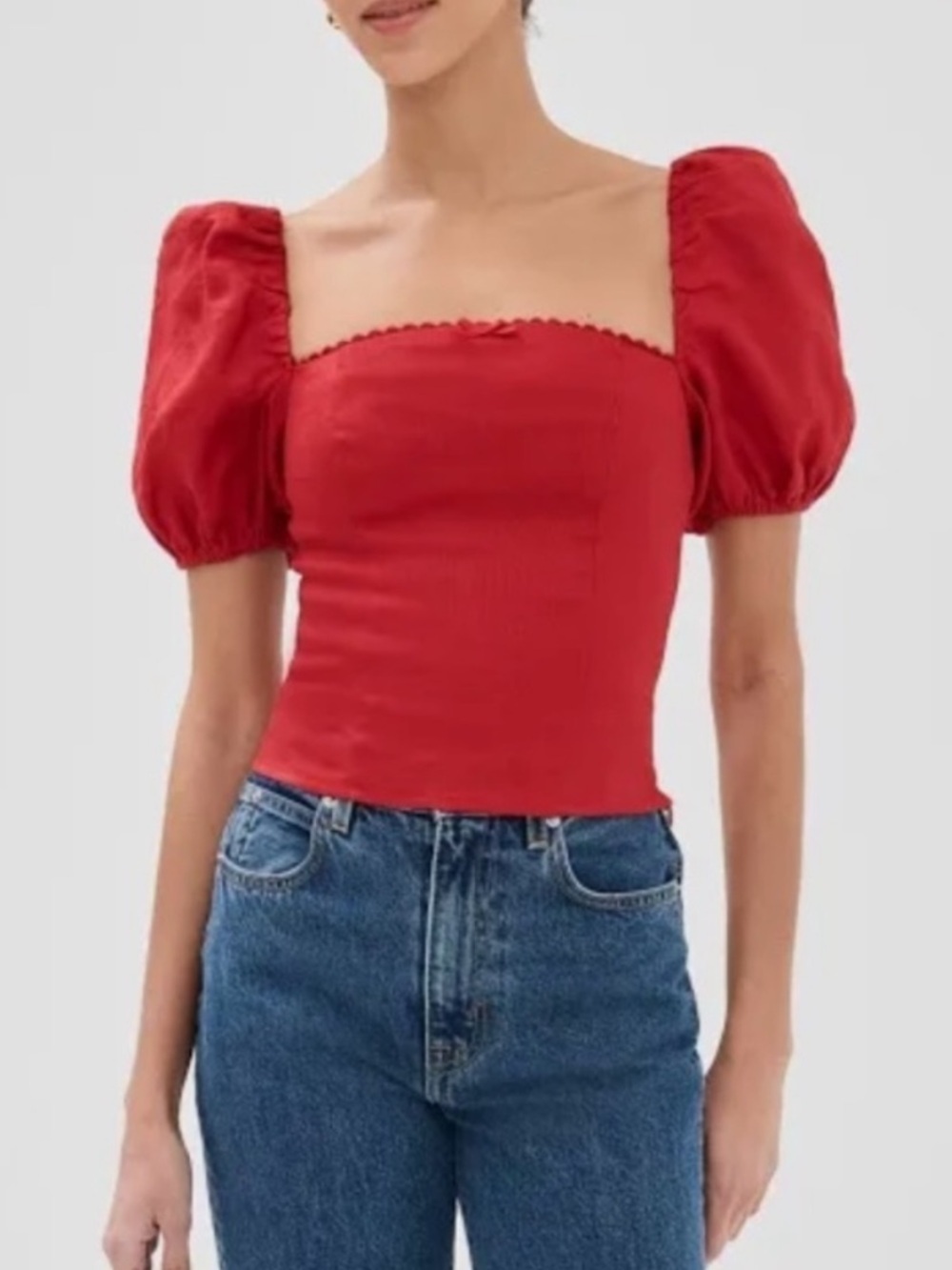 Reformation Marella linen top Puff Sleeve Square Neck lipstick Red nwt size 2